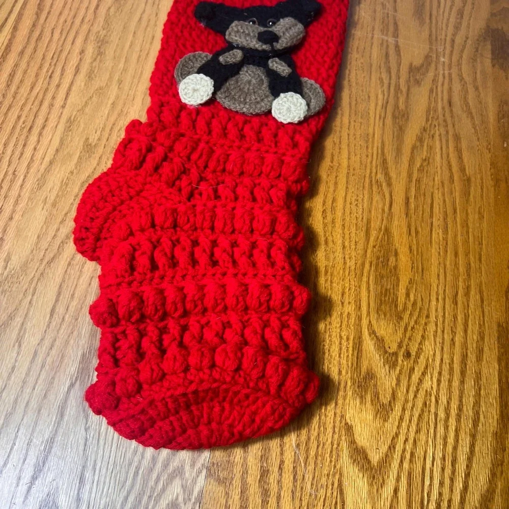 Crocheted Teddy Bear Christmas Stocking Red Knit Holiday Rustic Farmhouse chunky